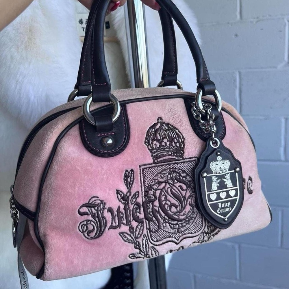 Y2K 2002 Vintage Juicy Couture Pink & Brown Velour Bowler Bag Purse - Picture 2 of 11